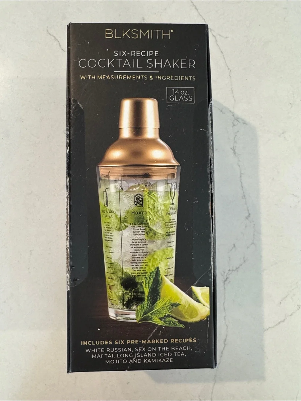 BLKSMITH Six-Recipe Cocktail Shaker - Copper Top, Glass